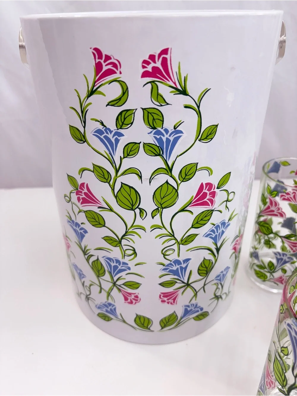 H. J. Stotter vintage acrylic 4 pc vtg floral beverage set ice bucket 3 tumblers